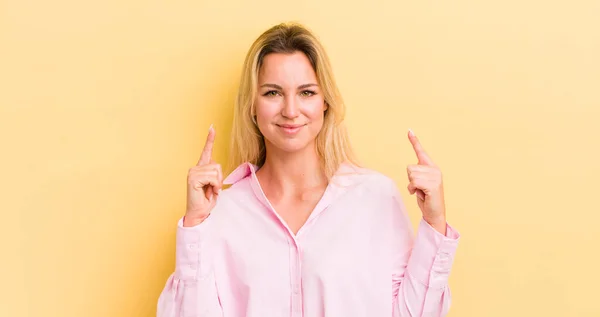 Blonde Caucasian Woman Bad Attitude Looking Proud Aggressive Pointing Upwards — Stockfoto