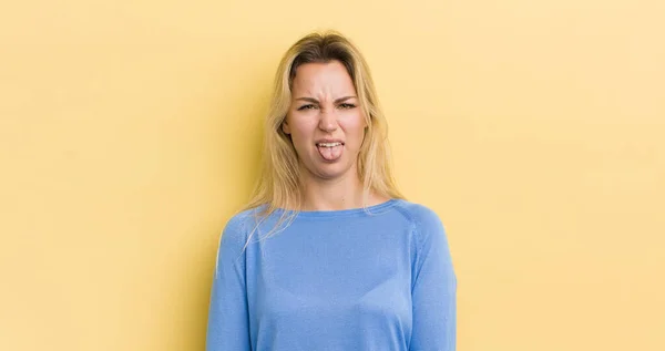 Blonde Caucasian Woman Feeling Disgusted Irritated Sticking Tongue Out Disliking — Stock Photo, Image