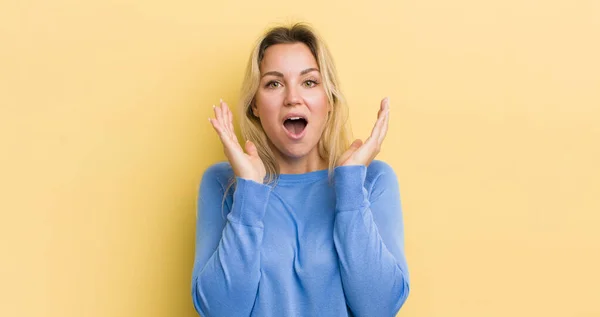 Blonde Caucasian Woman Feeling Shocked Excited Laughing Amazed Happy Because — Stock Photo, Image