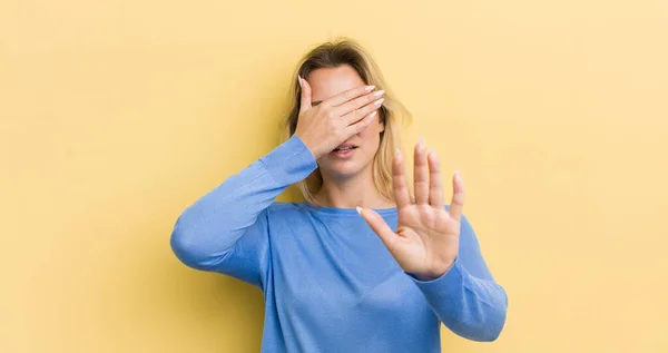 Blonde Caucasian Woman Covering Face Hand Putting Other Hand Front — Stock Photo, Image