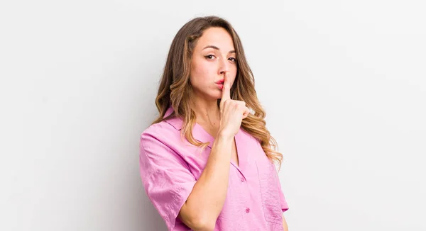 Pretty Woman Asking Silence Quiet Gesturing Finger Front Mouth Saying — Stock Photo, Image