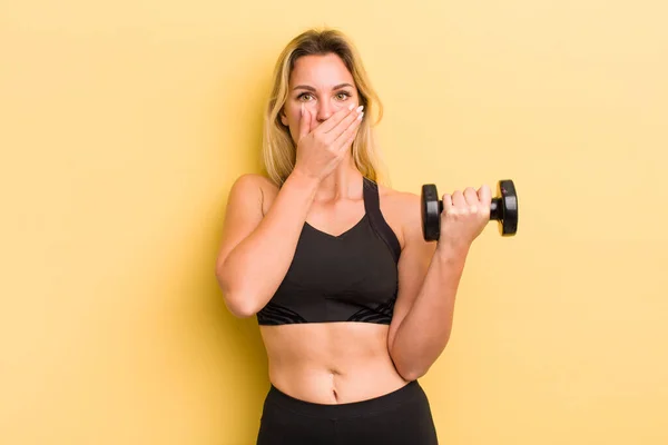 Blonde Pretty Woman Covering Mouth Hands Shocked — Stock Photo, Image