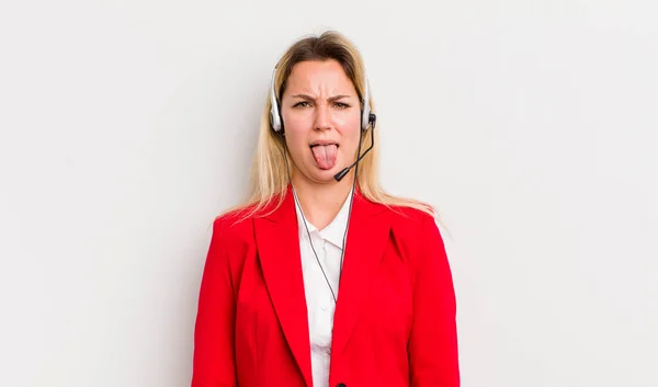 Blonde Pretty Woman Feeling Disgusted Irritated Tongue Out — Stock Photo, Image