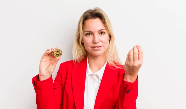 Blonde Pretty Woman Making Capice Money Gesture Telling You Pay — Stockfoto
