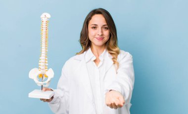 Güzel bir kadın mutlu bir şekilde gülümsüyor ve bir konsept sunuyor.