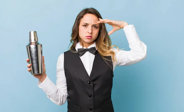 Bella Donna Sente Confuso Perplesso Mostrando Che Sei Pazzo — Foto Stock