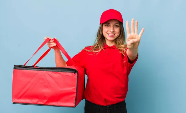 Mooie Vrouw Glimlachen Kijken Vriendelijk Tonen Nummer Vier — Stockfoto