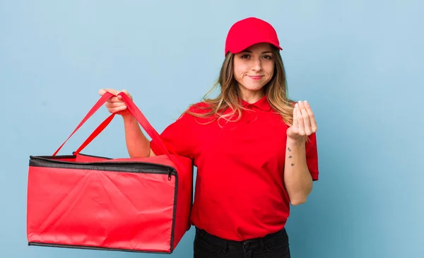 Mooie Vrouw Maken Capice Geld Gebaar Vertellen Betalen — Stockfoto