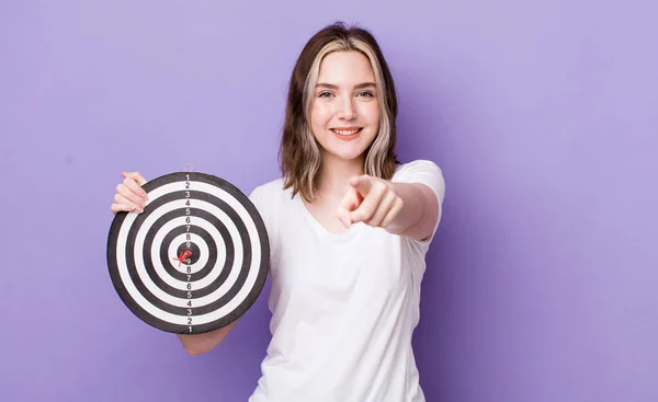 Pretty Caucasian Woman Pointing Camera Choosing You Dart Target Concept — Stock Photo, Image