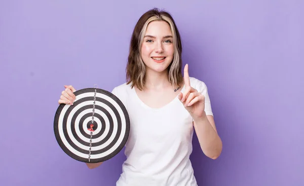 Pretty Caucasian Woman Smiling Proudly Confidently Making Number One Dart — Stock Photo, Image