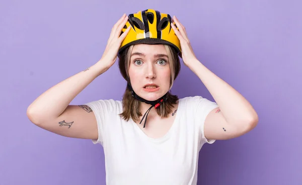 Pretty Caucasian Woman Feeling Stressed Anxious Scared Hands Head Bicycle — Stock Photo, Image