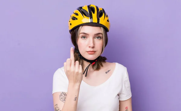 Pretty Caucasian Woman Feeling Angry Annoyed Rebellious Aggressive Bicycle Concept — Stock Photo, Image