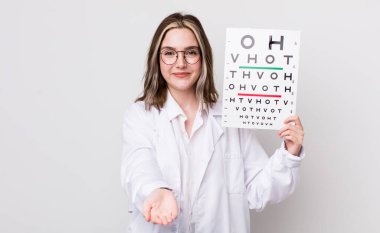 Güzel, beyaz bir kadın mutlu bir şekilde gülümsüyor ve bir konsept sunuyor. optik konsept