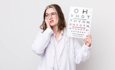 Oldukça beyaz bir kadın bıkkın, hayal kırıklığına uğramış ve yorucu bir geceden sonra uykulu hissediyor. optik konsept