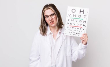 Kafası karışmış ve kafası karışmış beyaz bir kadın. optik konsept