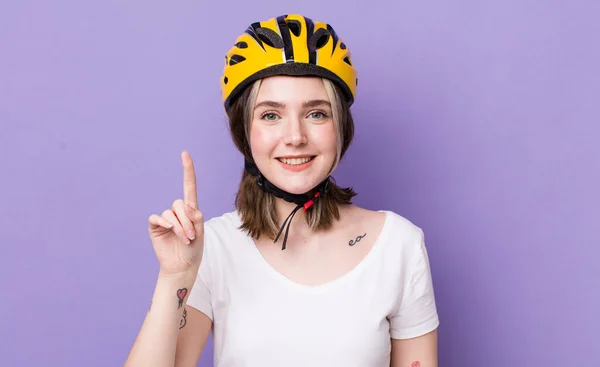 Pretty Caucasian Woman Smiling Looking Friendly Showing Number One Bicycle — Stock Photo, Image