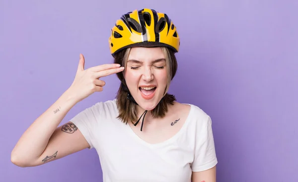 Pretty Caucasian Woman Looking Unhappy Stressed Suicide Gesture Making Gun — Stock Photo, Image