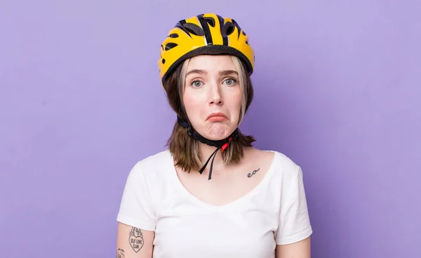 Pretty Caucasian Woman Feeling Sad Whiney Unhappy Look Crying Bicycle — Stock Photo, Image