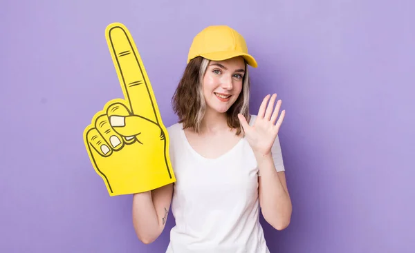 Pretty Caucasian Woman Smiling Looking Friendly Showing Number Five Number — Stock Photo, Image
