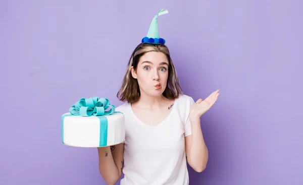 Pretty Caucasian Woman Feeling Puzzled Confused Doubting Birthday Concept — Stock Photo, Image