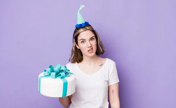 Pretty Caucasian Woman Feeling Puzzled Confused Birthday Concept — Stock Photo, Image