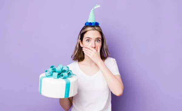 Pretty Caucasian Woman Covering Mouth Hands Shocked Birthday Concept — Stock Photo, Image