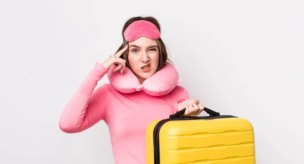 Pretty Caucasian Woman Feeling Confused Puzzled Showing You Insane Flight — Stock Photo, Image
