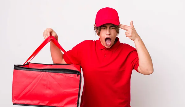 Pretty Hispanic Woman Looking Unhappy Stressed Suicide Gesture Making Gun — Stock Photo, Image