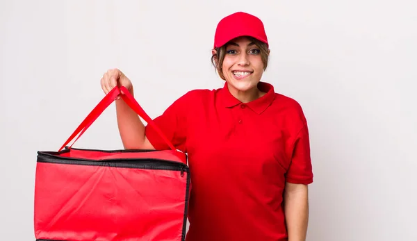 Mujer Hispana Bonita Mirando Perpleja Confundida Entrega Concepto Pizza —  Fotos de Stock