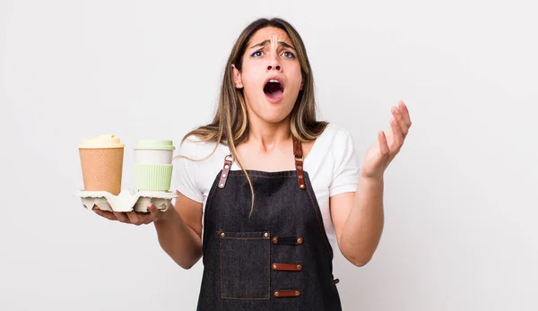 Mulher Bastante Hispânica Desesperada Frustrada Stressada Tirar Conceito Café — Fotografia de Stock