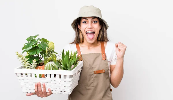 Bella Donna Ispanica Sentirsi Scioccato Ridendo Celebrando Successo Concetto Piante — Foto Stock