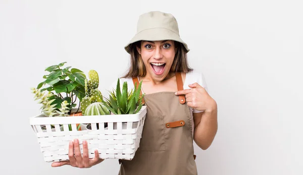 Docela Hispánská Žena Která Cítí Šťastná Ukazuje Sebe Vzrušeně Rostlinné — Stock fotografie