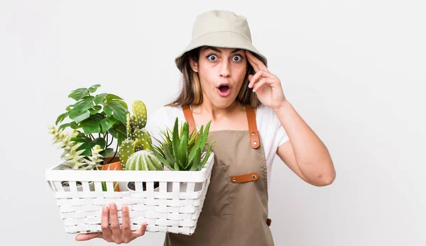 Pretty Hispanic Woman Looking Surprised Realizing New Thought Idea Concept — Stock Photo, Image