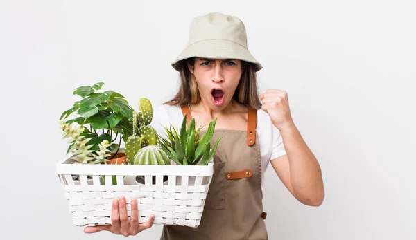 Pretty Hispanic Woman Shouting Aggressively Angry Expression Plants Gardering Concept — Stock Photo, Image