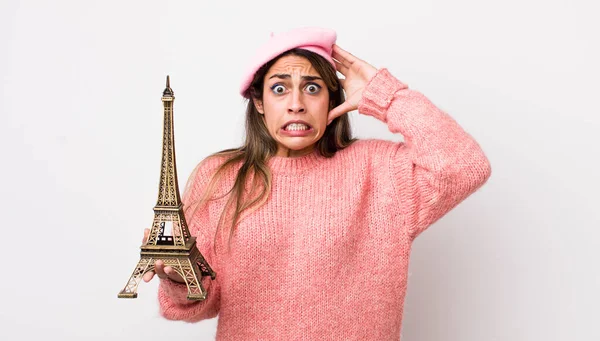 Pretty Hispanic Woman Feeling Stressed Anxious Scared Hands Head France — Stock Photo, Image