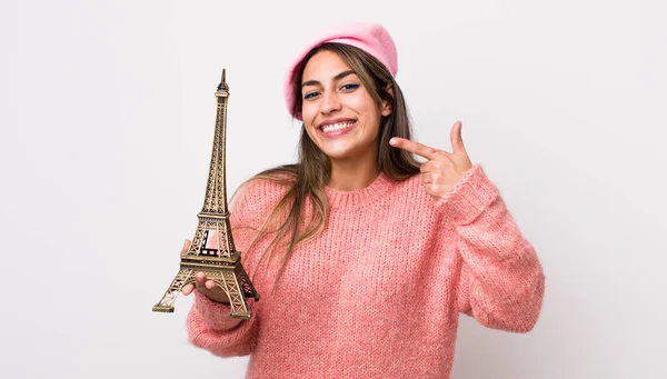 Pretty Hispanic Woman Smiling Confidently Pointing Own Broad Smile France — Stock Photo, Image