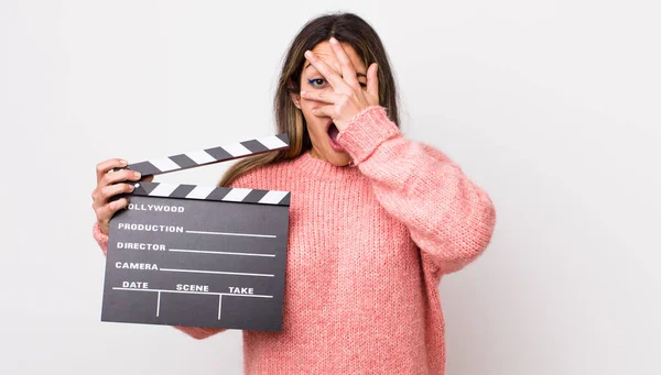 Pretty Hispanic Woman Looking Shocked Scared Terrified Covering Face Hand — Stock Photo, Image