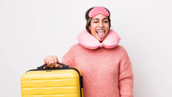 Pretty Hispanic Woman Cheerful Rebellious Attitude Joking Sticking Tongue Out — Stock Photo, Image