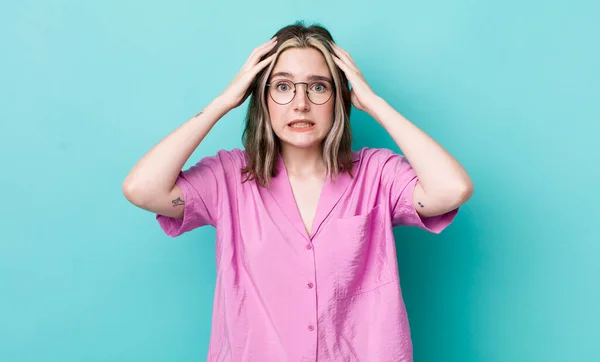 Pretty Caucasian Woman Feeling Stressed Worried Anxious Scared Hands Head — Stockfoto