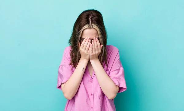 Pretty Caucasian Woman Feeling Sad Frustrated Nervous Depressed Covering Face — Stockfoto