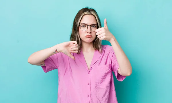 Pretty Caucasian Woman Feeling Confused Clueless Unsure Weighting Good Bad — Stock Fotó