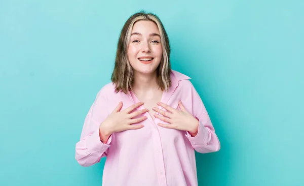 Pretty Caucasian Woman Looking Happy Surprised Proud Excited Pointing Self — Stock Photo, Image