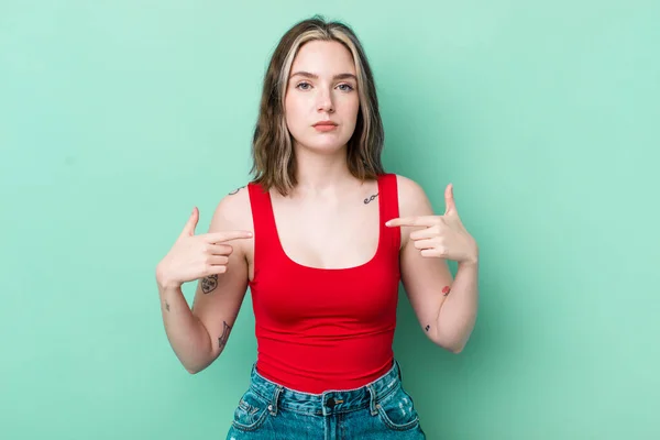 Pretty Caucasian Woman Looking Proud Positive Casual Pointing Chest Both — Stock fotografie