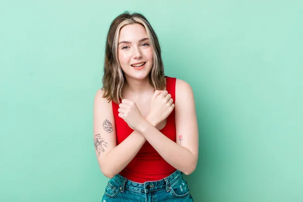 Pretty Caucasian Woman Smiling Cheerfully Celebrating Fists Clenched Arms Crossed — Stockfoto