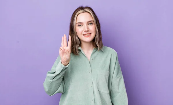 Pretty Caucasian Woman Smiling Looking Friendly Showing Number Three Third — Stock fotografie