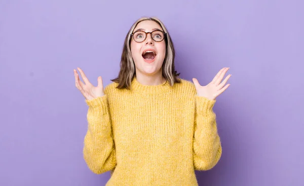 Pretty Caucasian Woman Feeling Happy Amazed Lucky Surprised Celebrating Victory — Zdjęcie stockowe