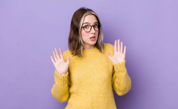 Pretty Caucasian Woman Looking Nervous Anxious Concerned Saying Fault Didnt — ストック写真