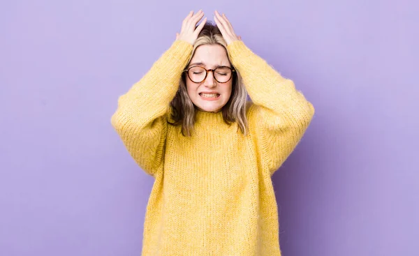 Pretty Caucasian Woman Feeling Stressed Anxious Depressed Frustrated Headache Raising — ストック写真