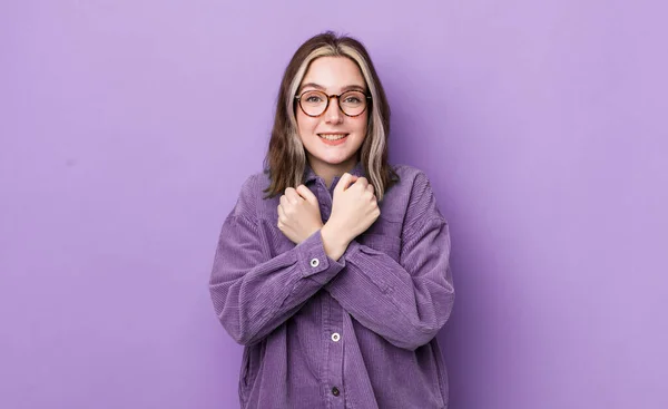 Pretty Caucasian Woman Smiling Cheerfully Celebrating Fists Clenched Arms Crossed — Fotografia de Stock