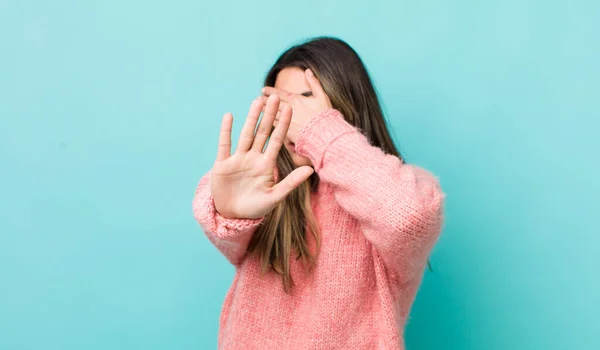 Pretty Hispanic Woman Covering Face Hand Putting Other Hand Front — Stock Photo, Image